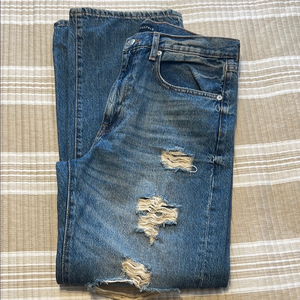 Blue Straight Leg Jeans with Distressed Details